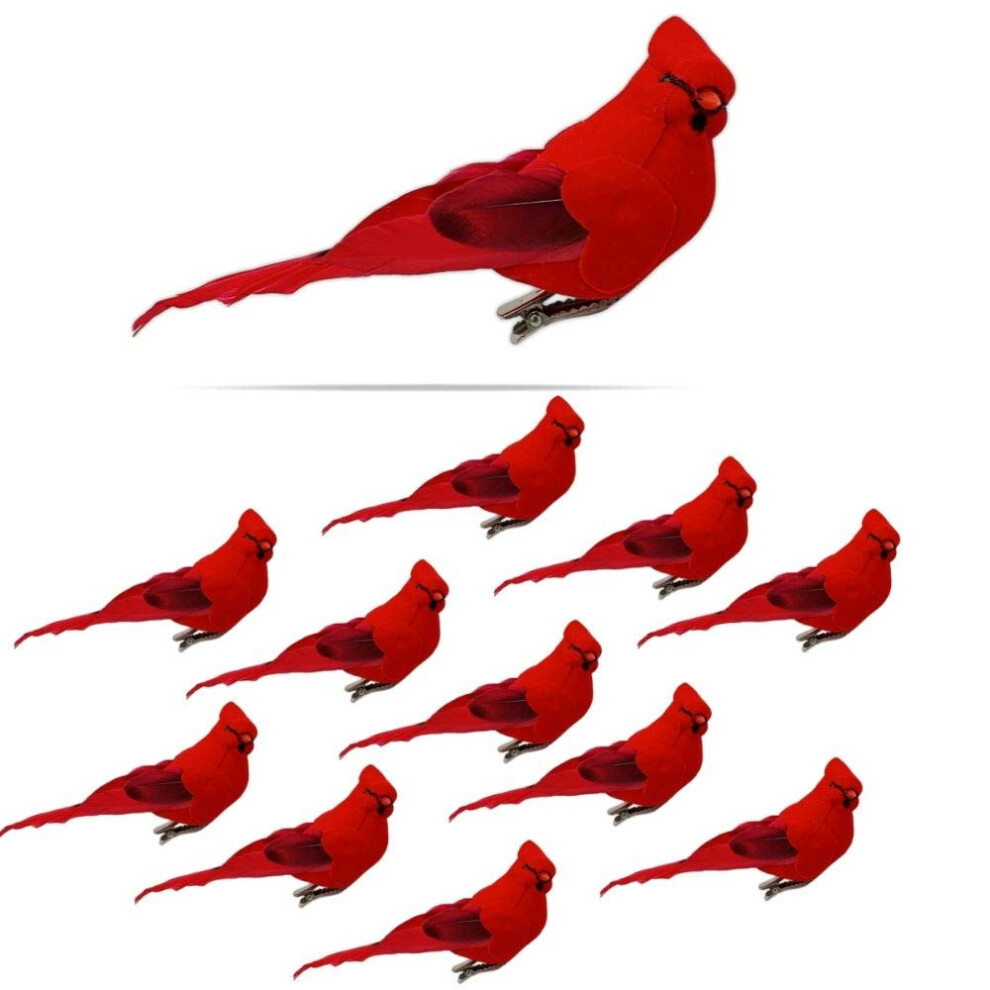 Photos - Garden & Outdoor Decoration Cardinal Clip On Christmas Tree Ornament Decorations - Red Flocked Body & Feathered Wings & Tail - Set of 12 - Each is 5" Lo