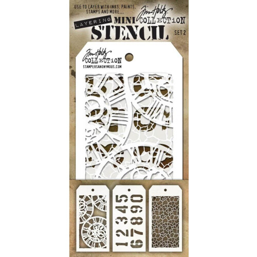 Tim Holtz - Εννέα Μίνι Στένσιλ - Βιομηχανικά, Γ gears, Ρολόι, Αριθμημένα, Ράγισμα, Typo, Splatter 2