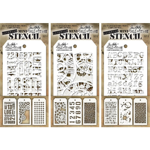 Tim Holtz - Εννέα Μίνι Στένσιλ - Βιομηχανικά, Γ gears, Ρολόι, Αριθμημένα, Ράγισμα, Typo, Splatter