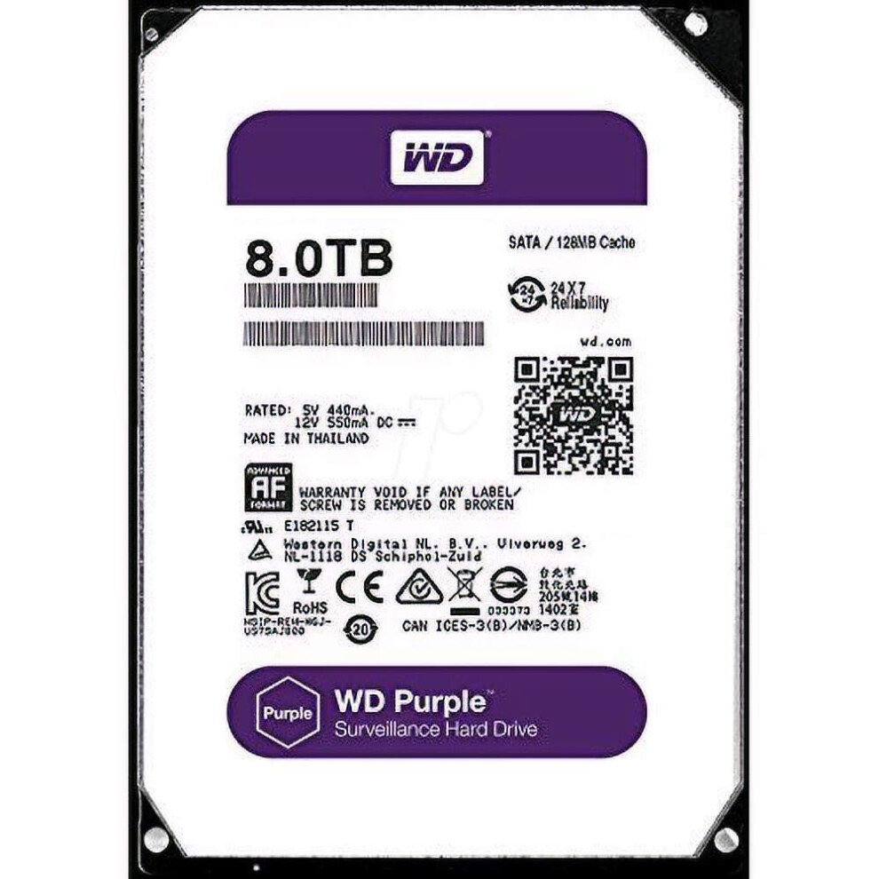 Wd Purple 8 Tb Berwachungsfestplatte 5400 U/Min Klasse Sata 6 Gb/S 128 Mb Cache 3,5 Zoll WD80PUZX [Alte Version]-image