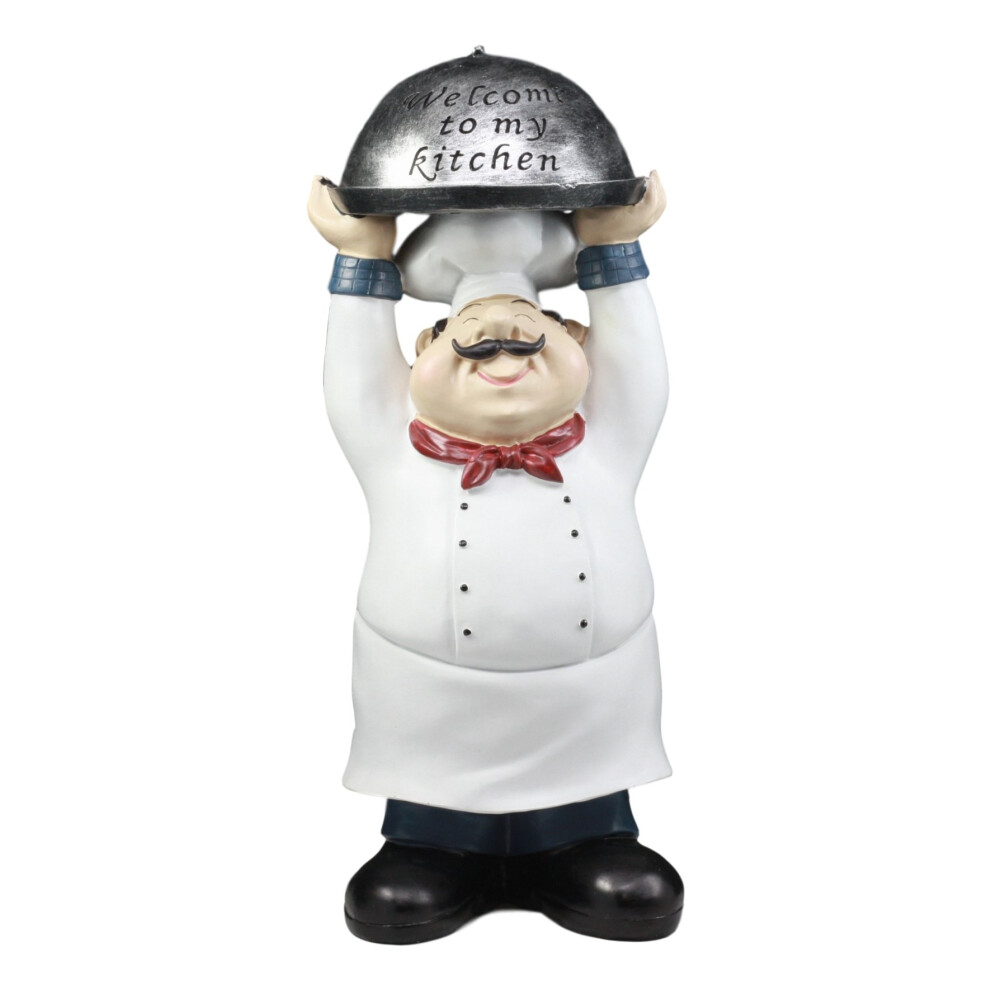 Ebros Master Bistro Chef Holding Melting Dome Tray Statue 14""Tall Head Cook With ""Welcome To My Kitchen"" Sign Decor Figurine