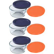 Pyrex Storage 2 szklanki przezroczyste okragle naczynie 3 pojemniki z 2 kolorowymi pokrywkami