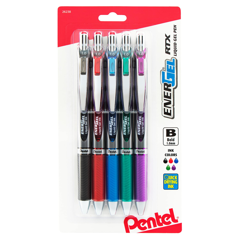 Pentel Energel Rtx Retractable Liquid Gel Pen Bold Line Metal Tip Assorted Ink Pack Of 5 (Bl80bp5m)