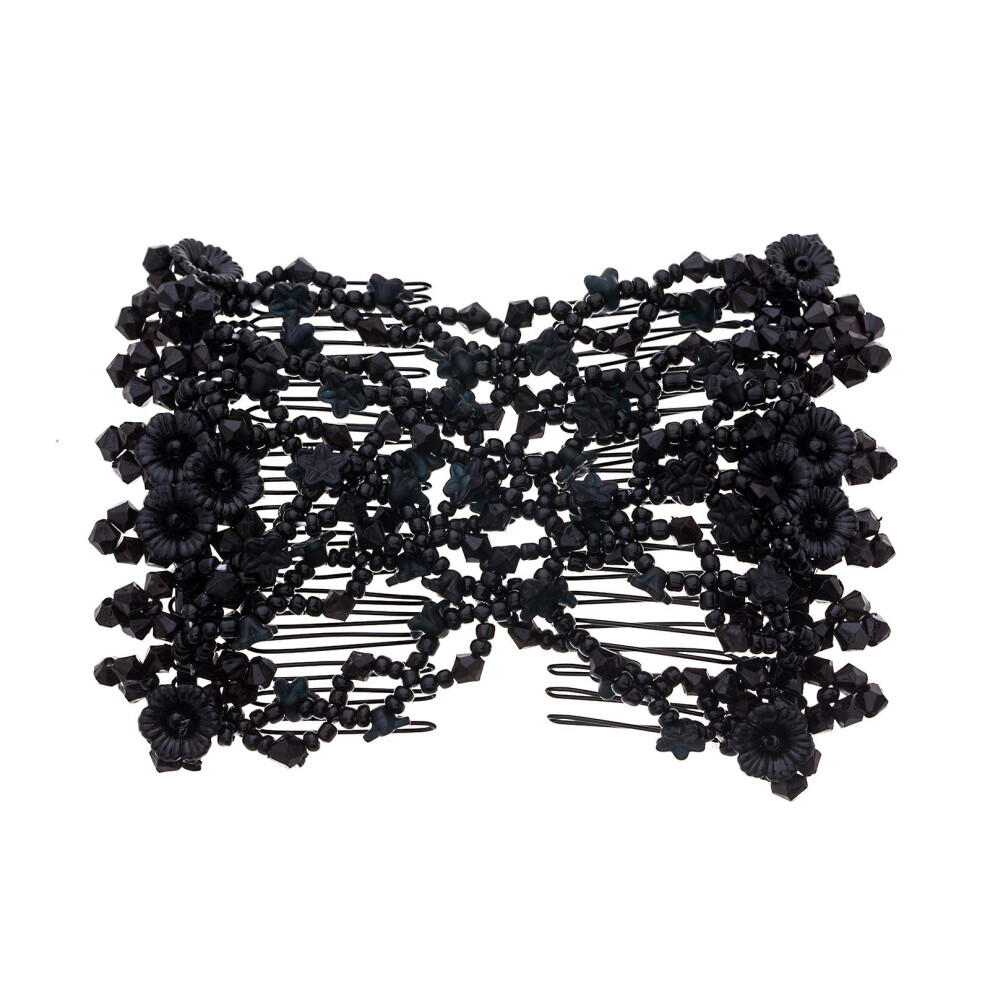 Ruihfas Vintage Beaded Crystal Flower Easy Stretchy Double Clips Hair Comb Hair Accessories (Color Black)-image