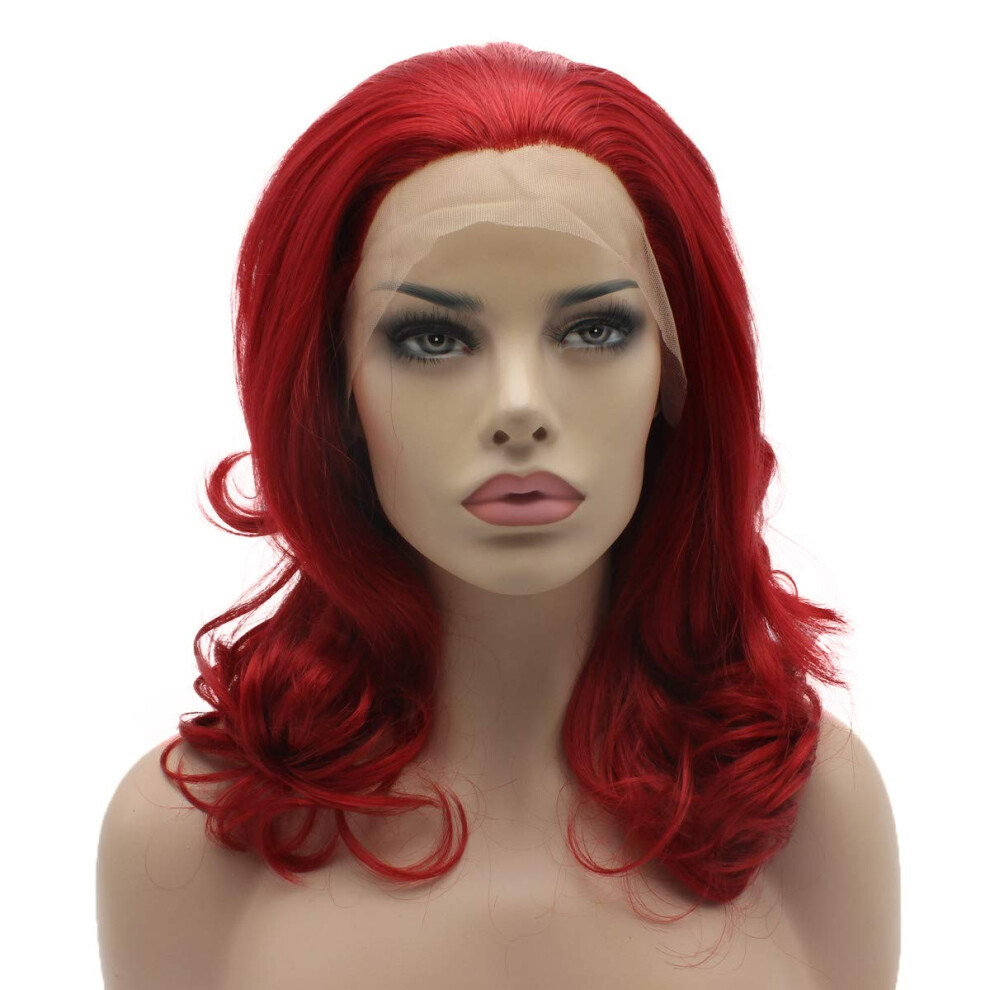 Weelderig Unisex Red Lushy Stylish Medium Length Wig Heat Friendly Heavy Density Synthetic Lace Front Wig