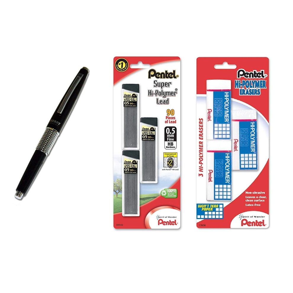 Pentel Sharp Kerry Mechanical Pencil 0.70mm Black Metallic Barrel 1 Piece P1037A 0.5mm Bundle Pencil + Lead + Erasers Black