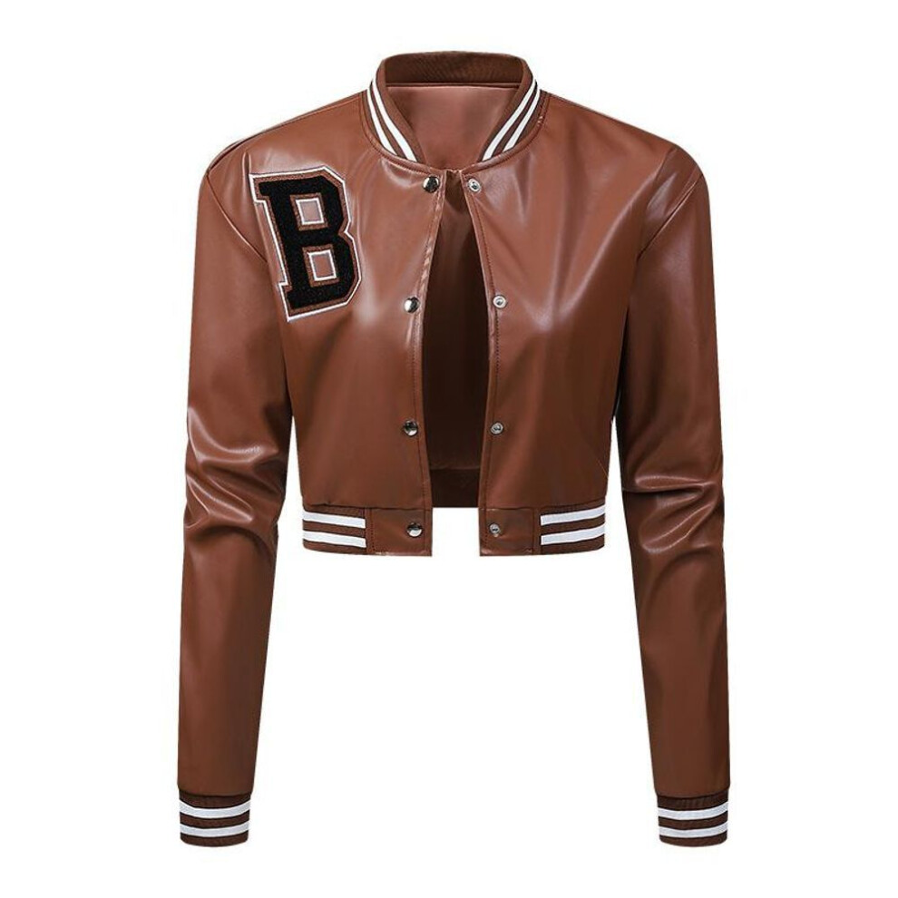 (brown, L) Women&apos;s Leather Jacket Slim Fitting Jacket Thin Spring and Autumn Jacket Women&apos;s Motorcycle Jacket Baseball High Waisted Leather Jacket
