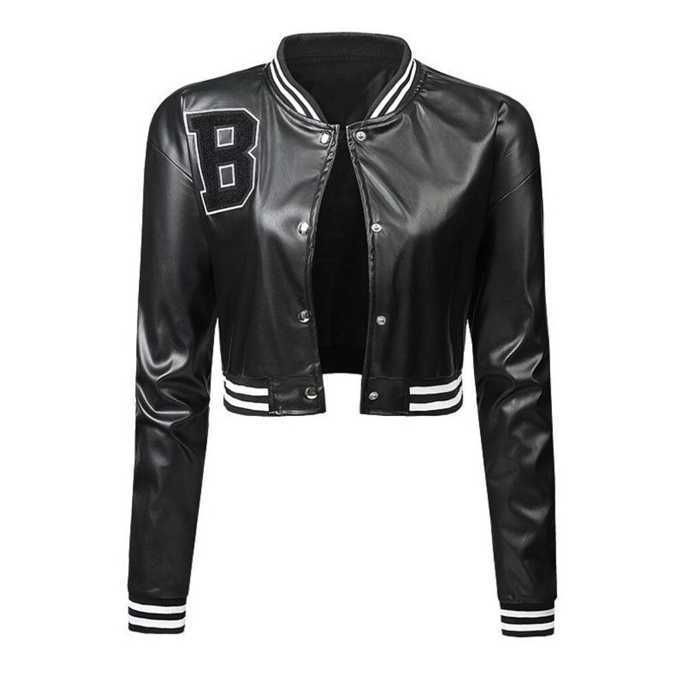(black, L) Women&apos;s Leather Jacket Slim Fitting Jacket Thin Spring and Autumn Jacket Women&apos;s Motorcycle Jacket Baseball High Waisted Leather Jacket