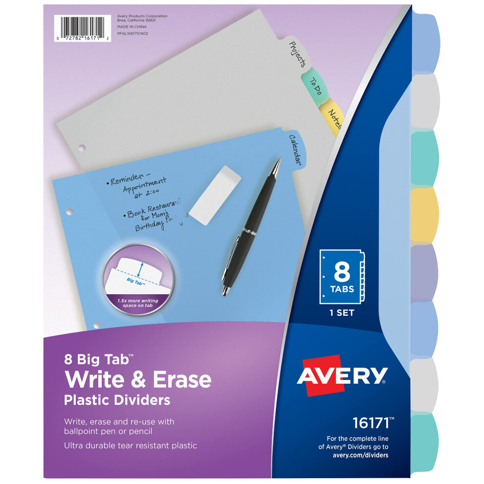 Avery Big Tab Write & Erase Durable Plastic Dividers, 8 Multicolor Tabs, 1 Set (16171)-image-OPC-PDTSPNF-NEW