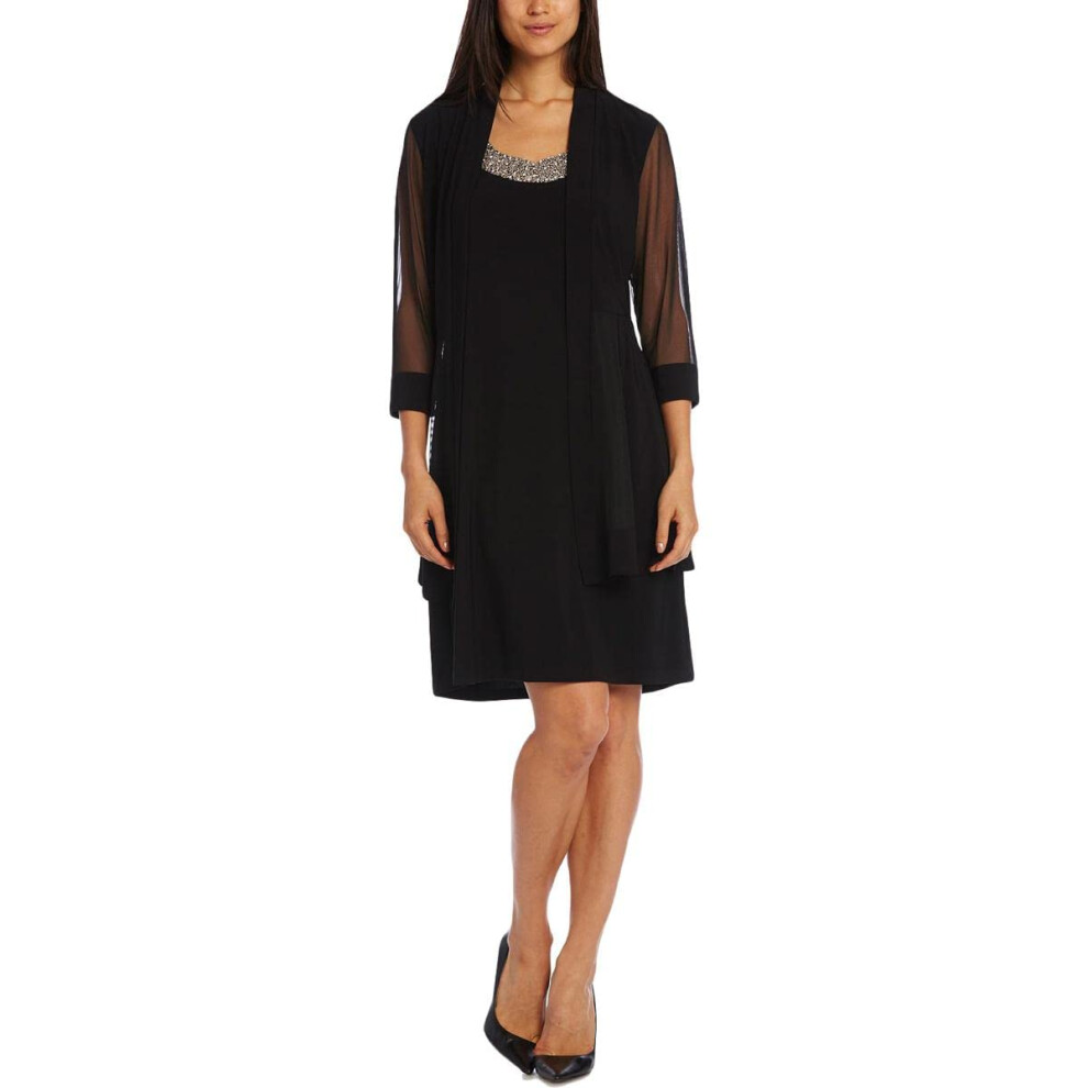 R&M Richards Women's Petite 2 Piece Mesh Panel Beaded Neck Jacket Dress Black 4P