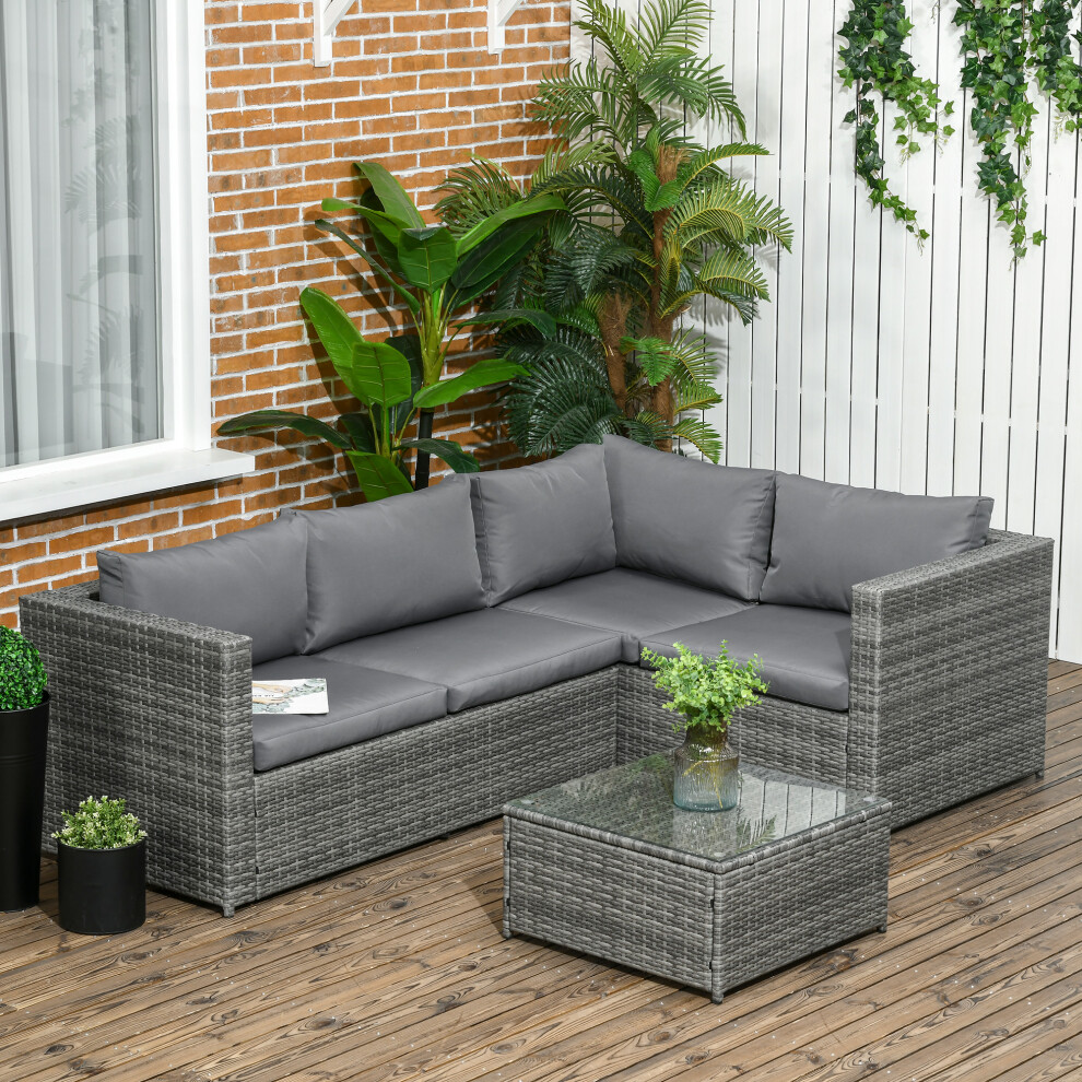 Outsunny 3Pcs Rattan Corner Sofa Set With Coffee Table, Cushion, Grey