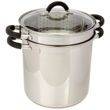 ExcelSteel 12 Qt Multifunction Stainless Steel Pasta Cooker with Encapsulated Base Vented Glass Lid and Riveted Silicone Covered Handles