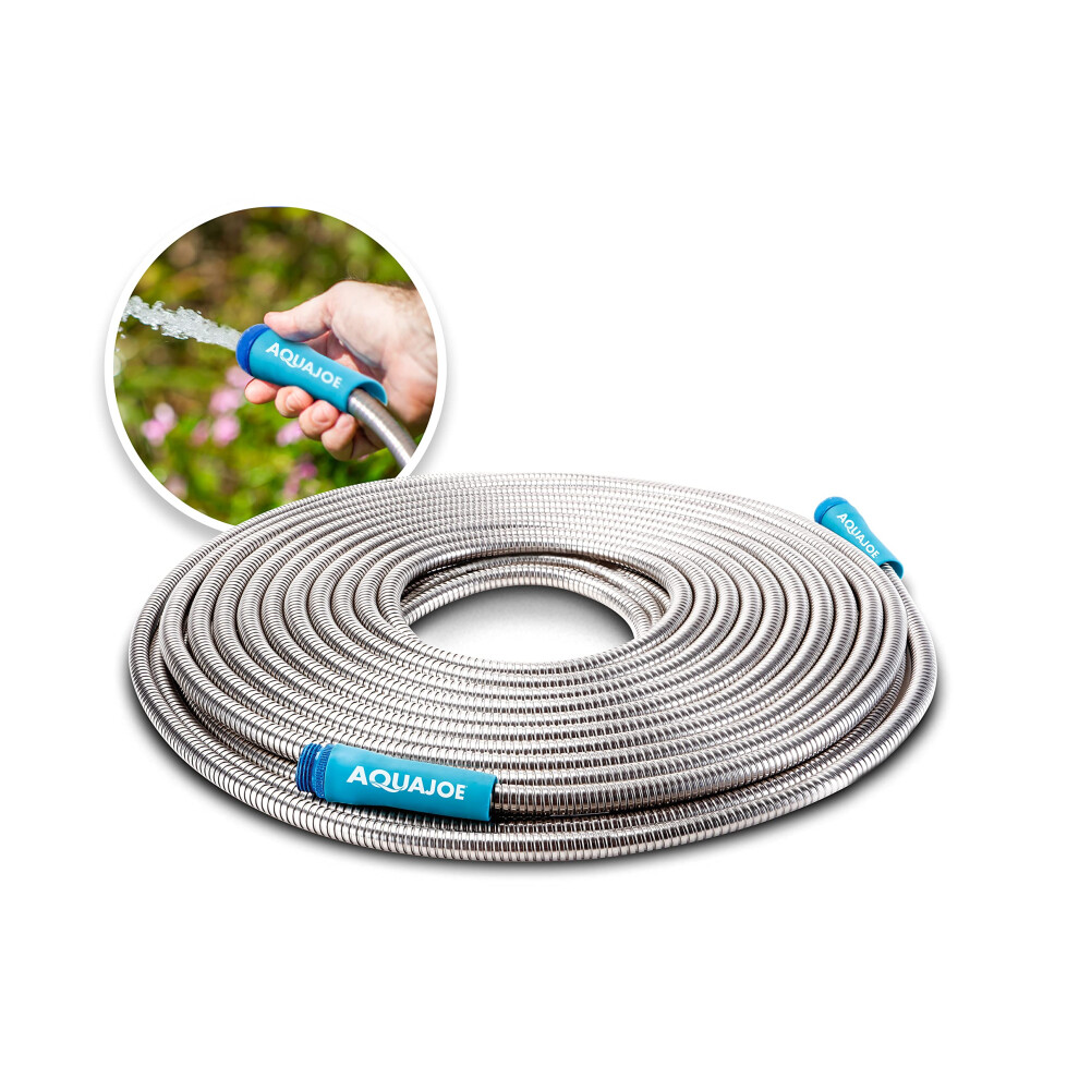 Aqua Joe AJSGH50 1/2-Inch Heavy-Duty Puncture Proof Kink-Free Spiral Constructed 304-Stainless Steel Metal Garden Hose 50-Foot
