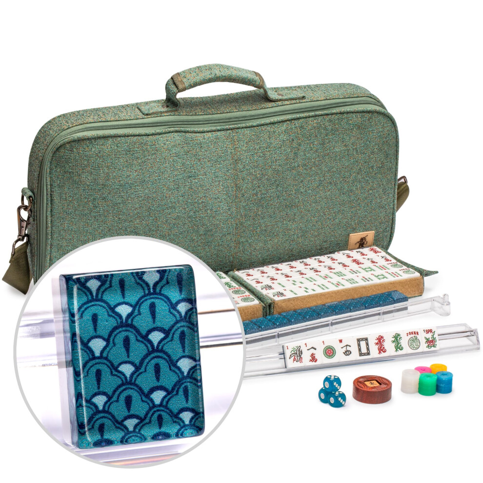 Yellow Mountain Imports Amerikanisches Mahjong-Set Oceana Mit Heather Teal Soft Case All-In-One-Racks Mit Pushern, Wright Patterson Scoring C-image