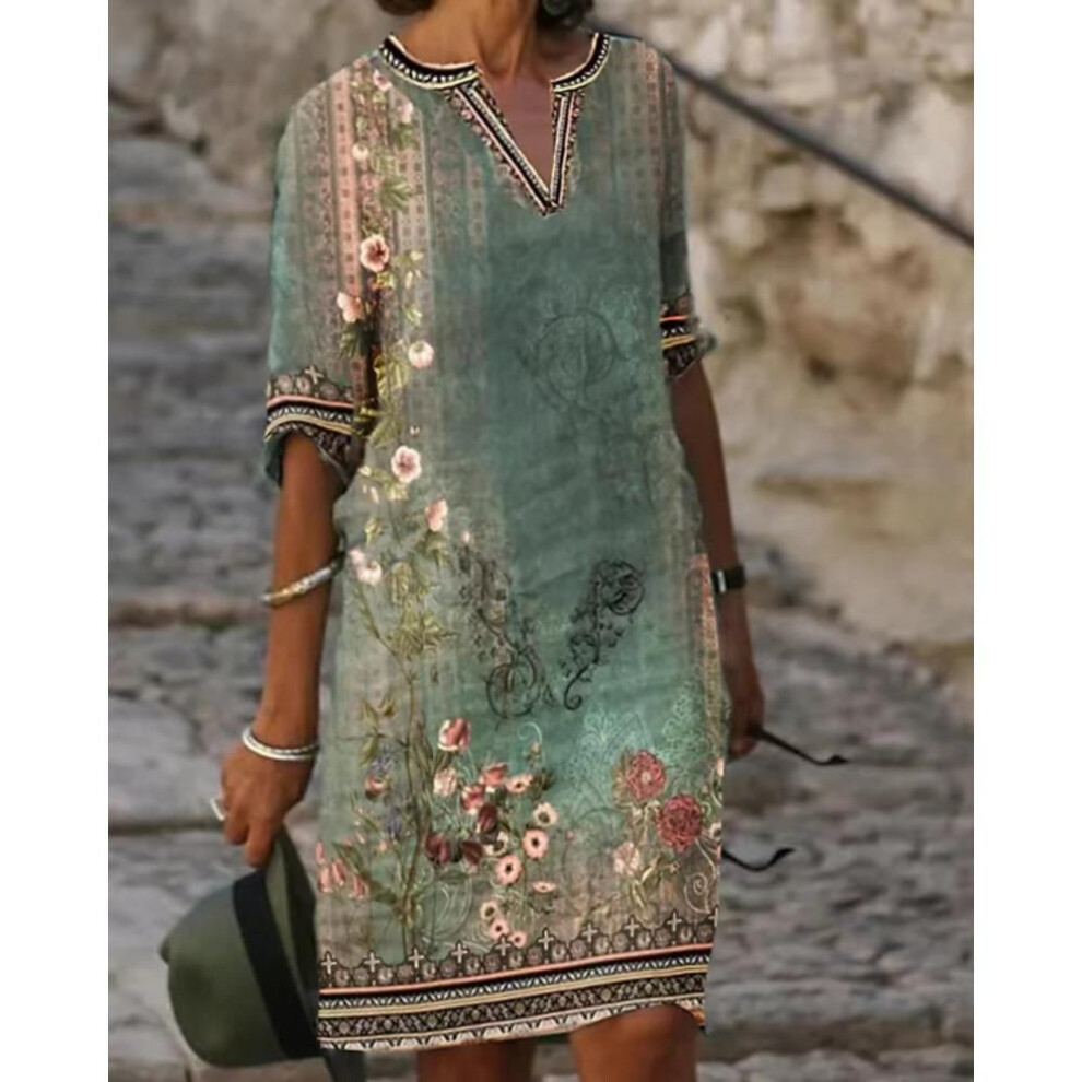 (green, 2XL) Women's V-neck T-Shirt Dress with Short Sleeves