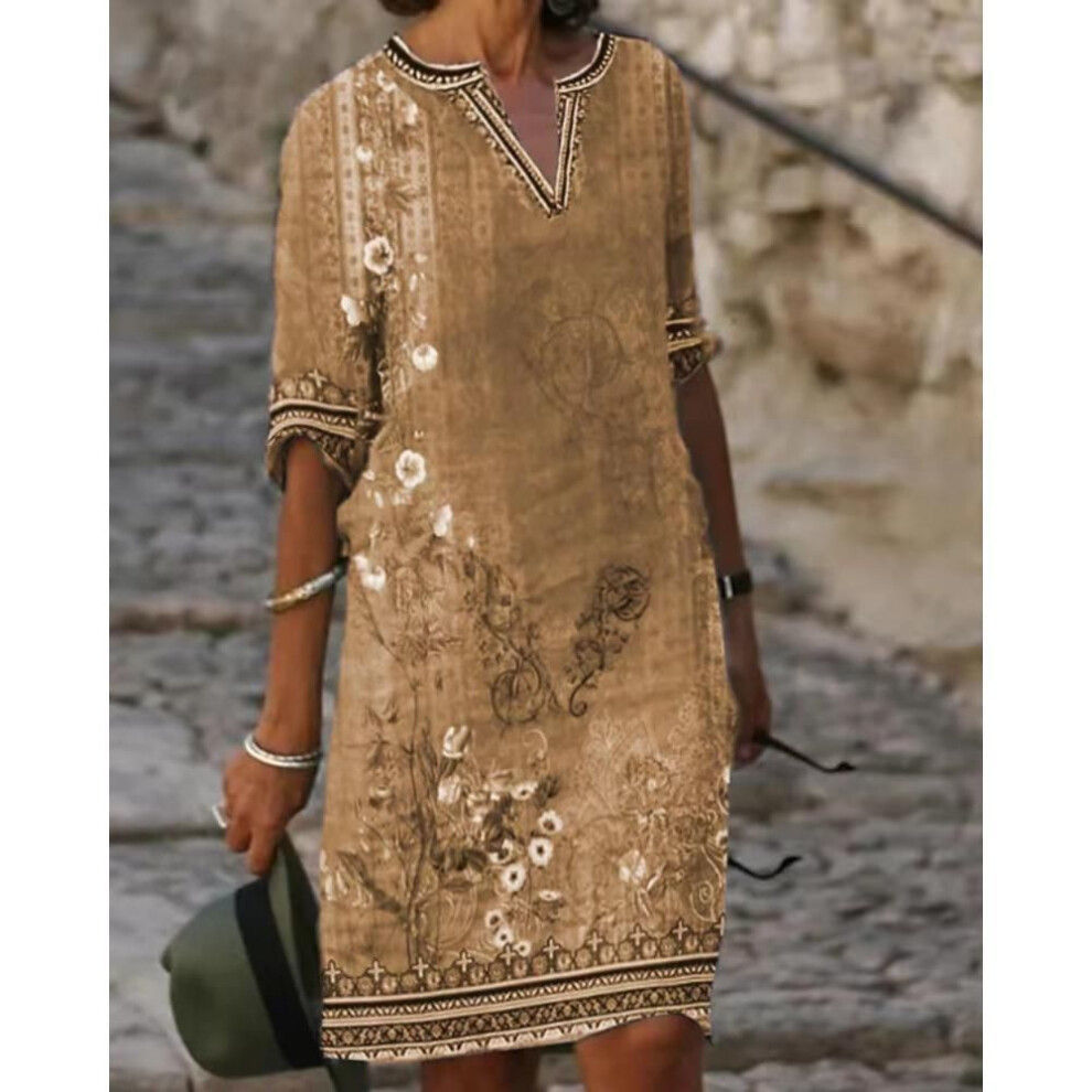 (khaki, L) Women&apos;s Sexy V-neck T Shirt Dress Summer Women&apos;s Top Short Sleeve Dress  Women&apos;s Slim Midi Dress Beach Skirt Printed Dress Casual