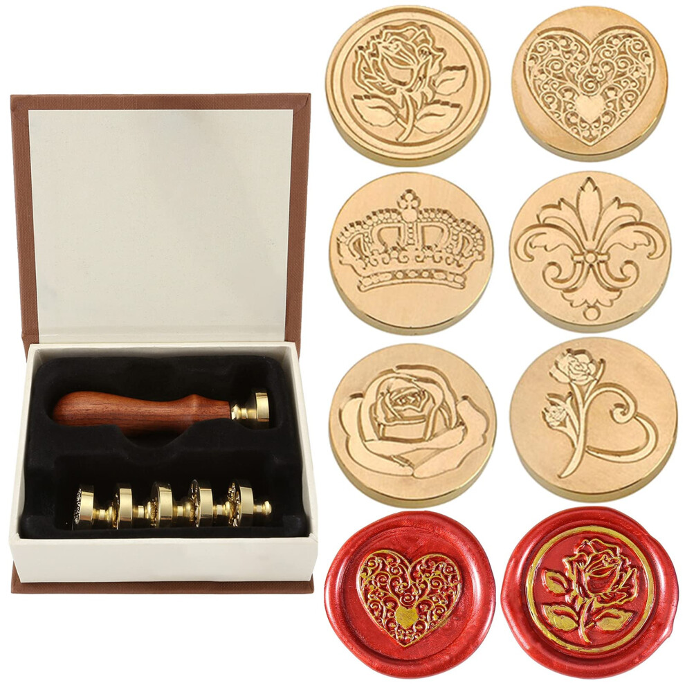 Wachssiegel-Stempel-Set, Yoption, 6-Teilig, Romantische Rose, Herz, Blume, Siegelwachs-Stempelkopf-Set + 1 Holzgriff (Romantisches Rosen-Set)-image