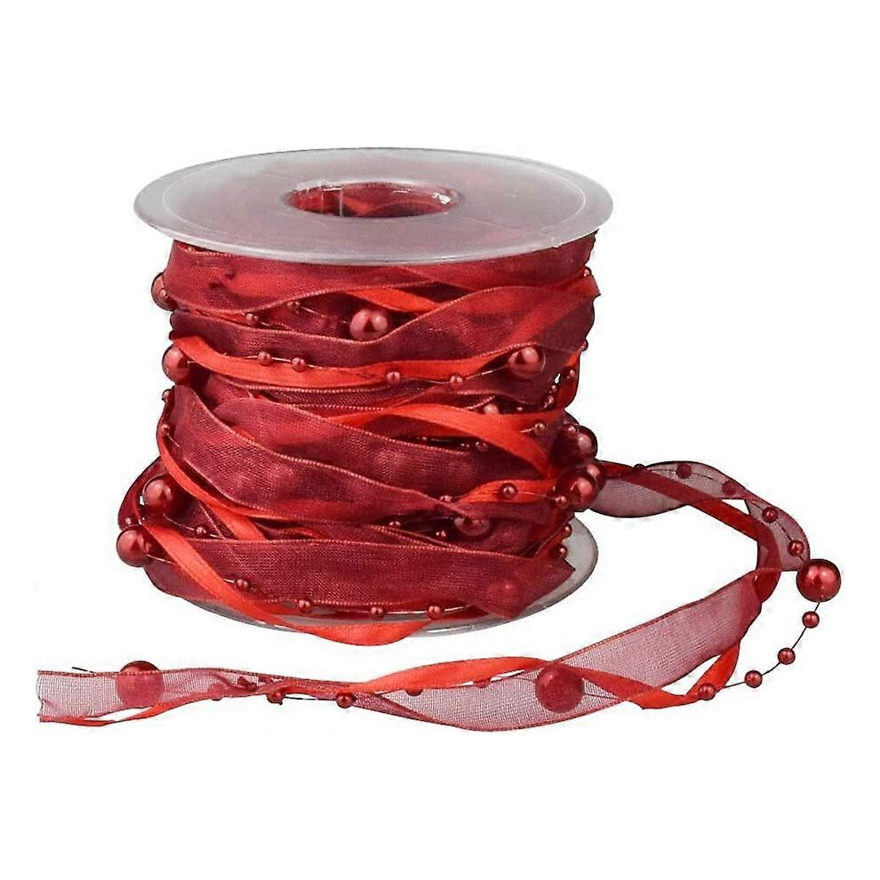 Konhill (As Show, One Size) 3 Strings Beaded Ribbon, Pearl String, Satin Ribbon And Organza Ribbon, 33 Feet, Burgundy White,Red