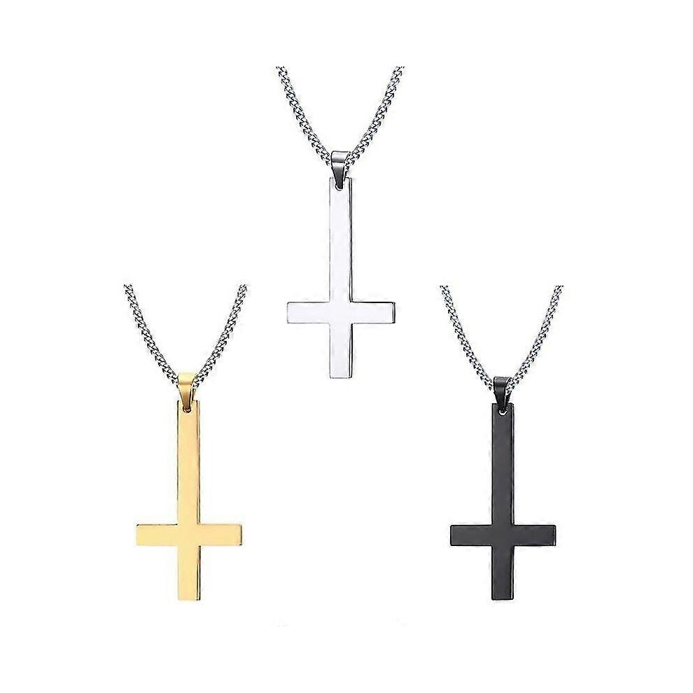 Konhill (As Show, One Size) 1Pc Dainty Stainless Steel Upside Down Cross Necklace For Men Inverted Cross Pendant With Chain Fashion Jewelry 3 Colors