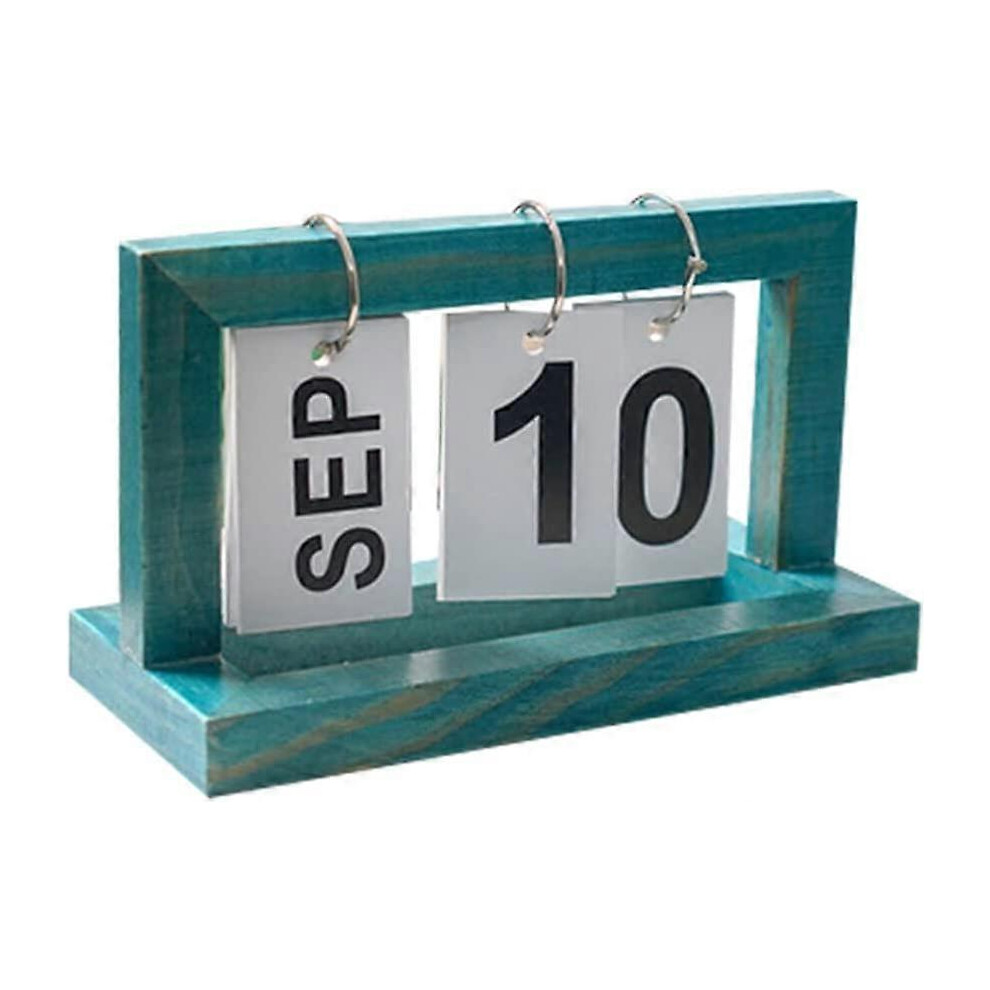 Konhill (As Show, One Size) Wood Perpetual Desk Calendar Office Decor Creative Reusable Flip Chart Turn Page Retro Vintage Style Wood Calendar For Home Office Blue