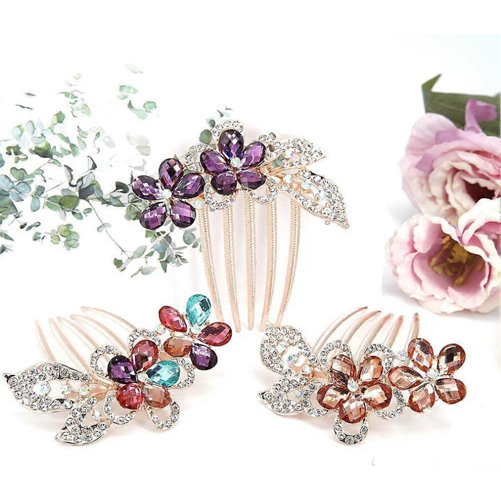 Konhill (As Show, One Size) 3Pcs Rhinestone Flower Hair Combs For Women Floral Hair Combs Bridal Wedding Hair Side Comb Crystal Rhinestones Decor Hair Combs E
