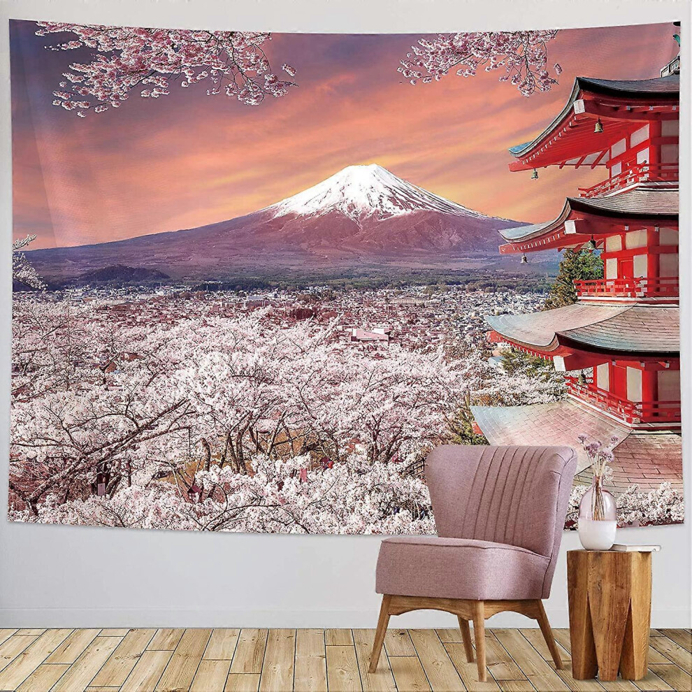 Konhill (As Show, One Size) Japanese Tapestry Backdrop Wall Hanging Asian Fuji Mountain Photo Banner Background Japan Pagoda Wall Art With Cherry Blossom Art