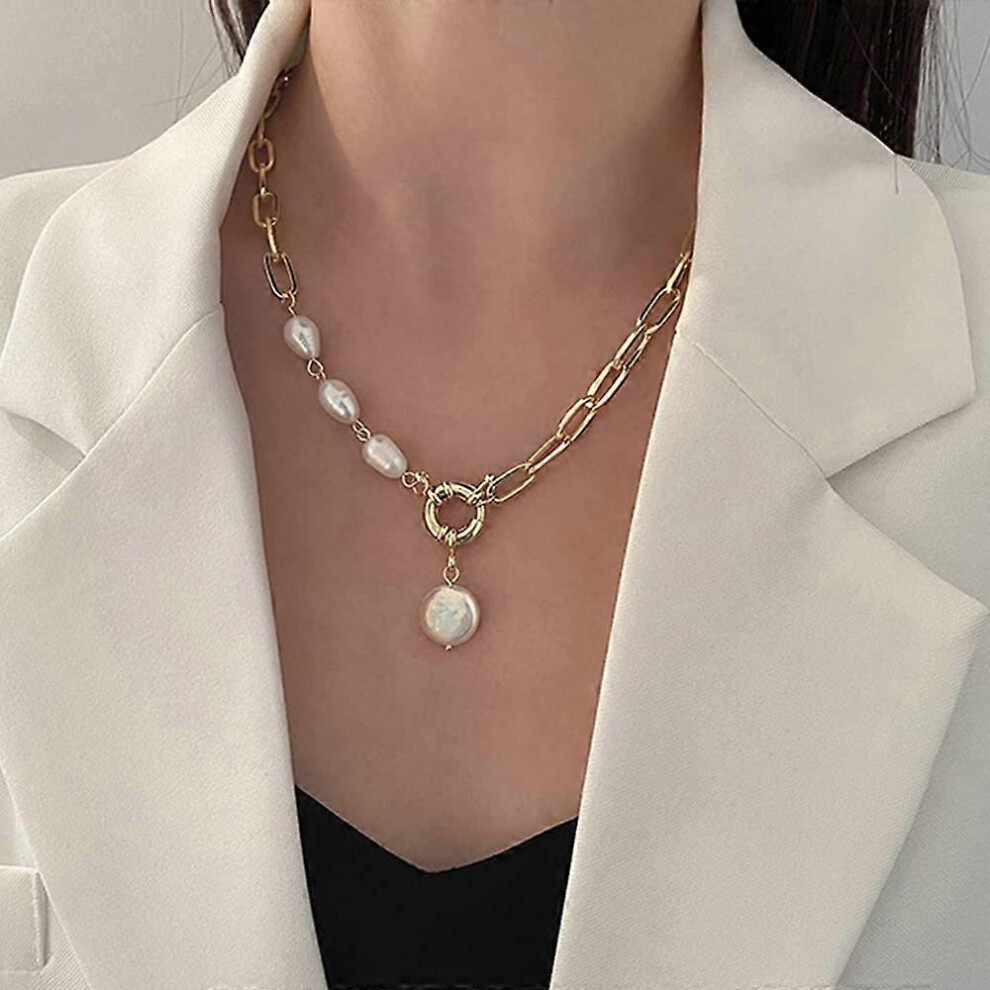 Konhill (As Show, One Size) Fashion Alloy Chain Choker Necklace Paperclip Choker Chain Necklace Pearl Pendant Necklace Gold For Women And Girls White,Gold