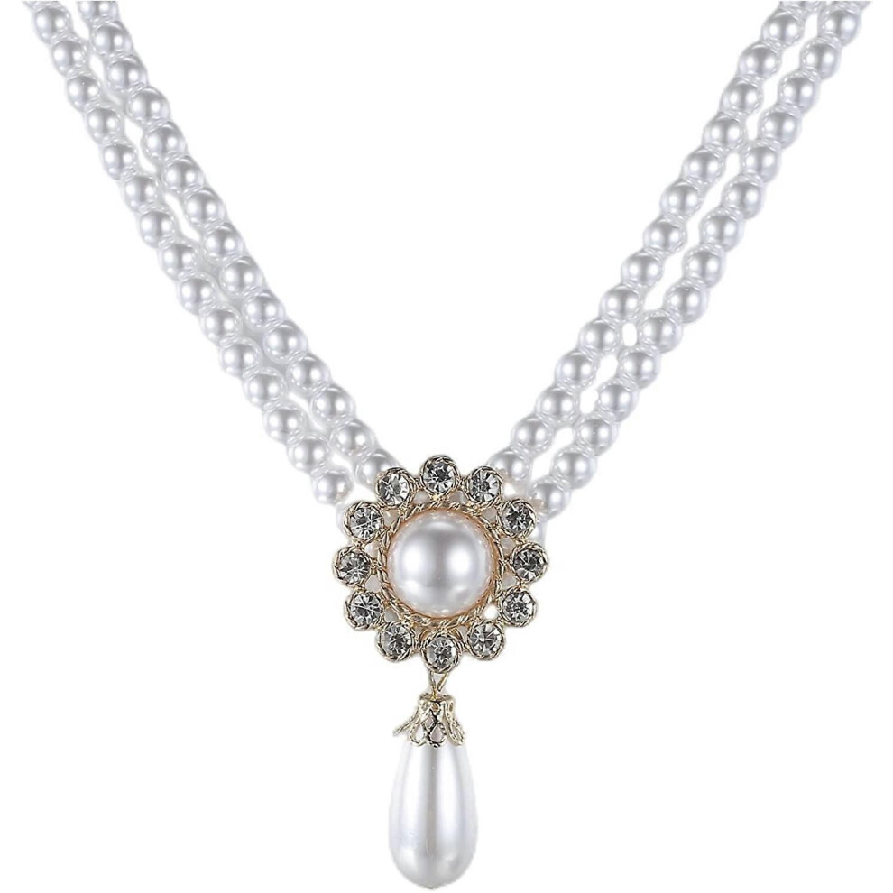 Konhill (As Show, One Size) Vintage Princess Style Double Layered Pearl Choker Necklace With Sunflower Drop Pendant White