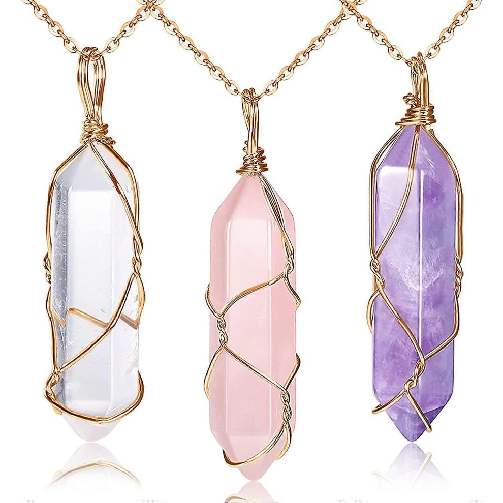 Konhill (As Show, One Size) 3 Pieces Crystal Necklaces, Quartz Pendant Energy Healing Crystal Necklace Natural Hexagonal Gemstone Pendant For Women Girls