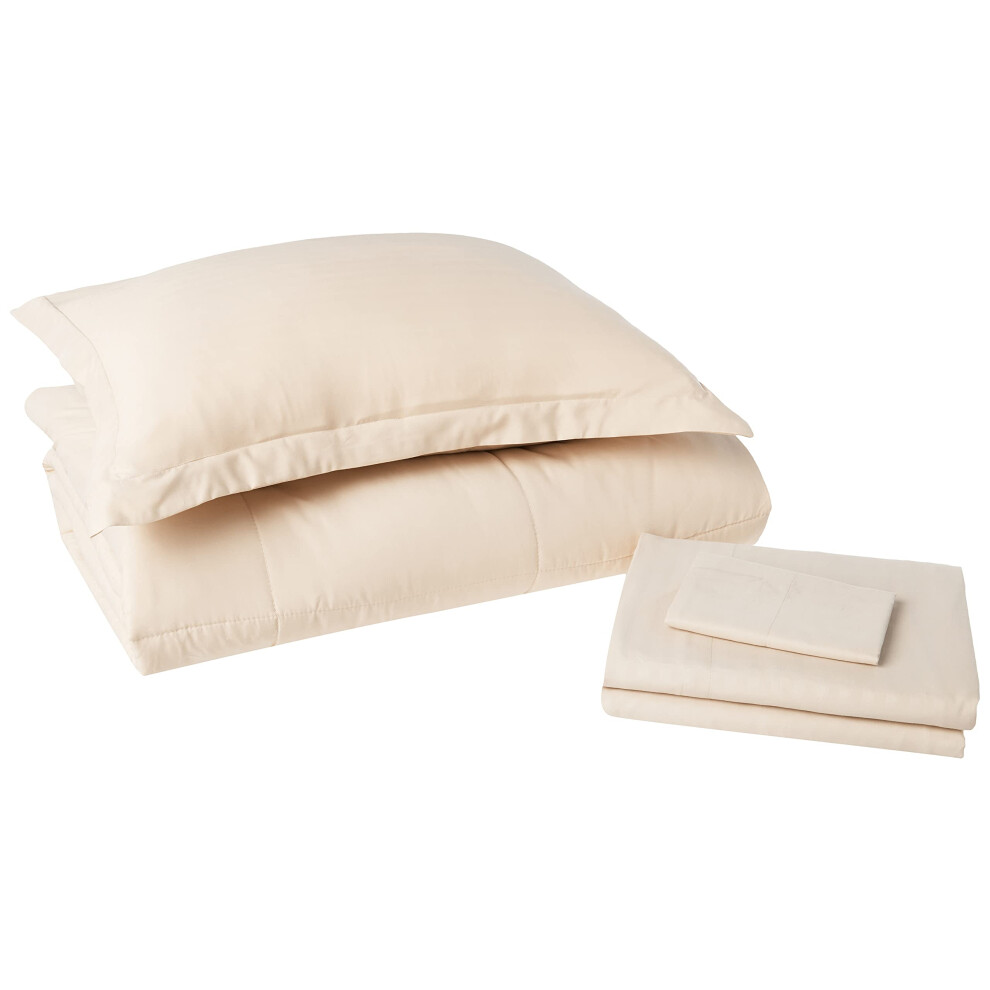 Ensemble de couette double 6 pi   ces Lit dans un sac avec jupe de lit Drap-housse Drap plat 1 taie d'oreiller et 1 taie d'oreiller Twin Dobby Beige