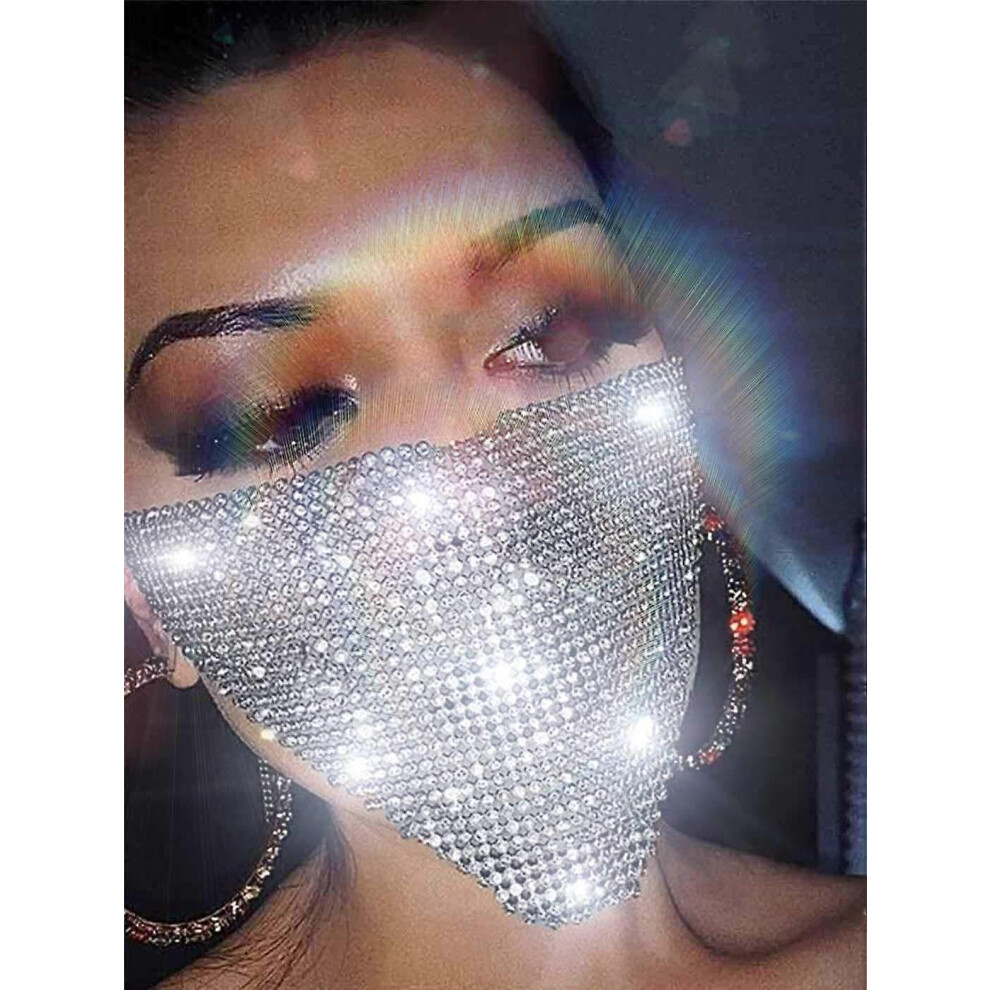 Konhill (As Show, One Size) Rhinestone Mesh Mask Sparkly Crystal Face Cover Chain Nightclub Ball Masquerade Masks For Women Silver