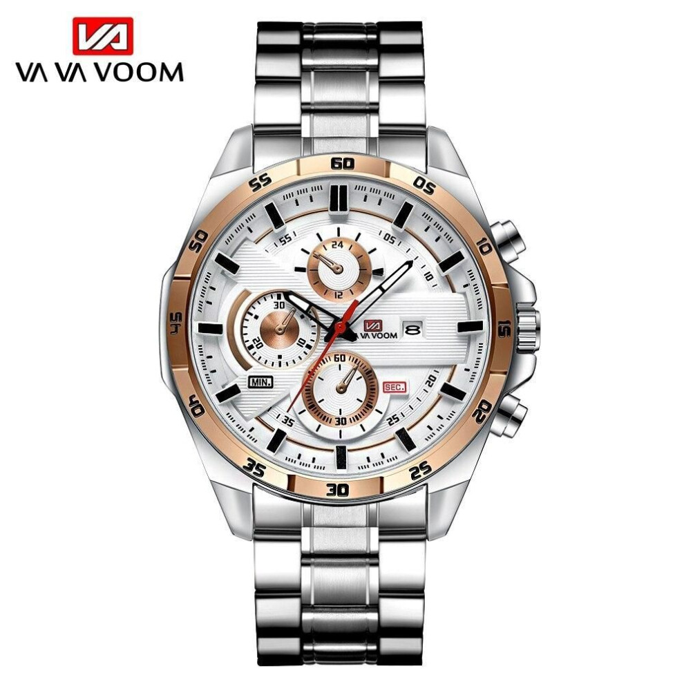 (silver,rose gold, Stainless steel) VA VA VOOM Quartz Watches Men Sport Stainless Steel Band Waterproof Casual Military Army Outdoor Run Hiking Leather Men's Watches Relogio Masculino