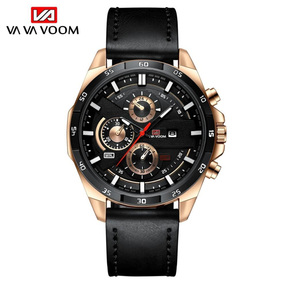 (black,rose gold, Leather strap) Va Va Voom Quartz Watches Men Sport Stainless Steel Band Waterproof Casual Military Army Outdoor Run Hiking Leather Men&apos;s Watches Relogio Masculi
