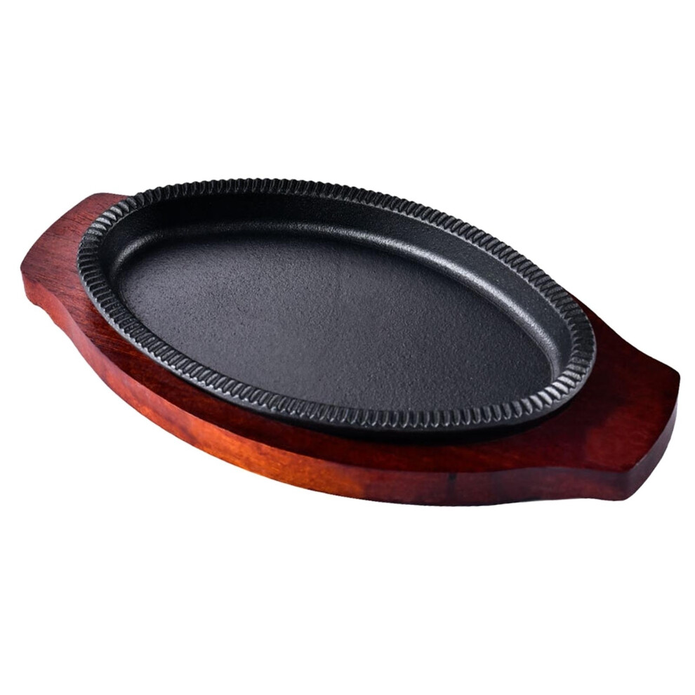 (S) Cast Iron Steak Plate Nonstick with Wooden Base Fajita Pan Sizzle Griddle Steak Pan-image-OPC-PG95VZJ-NEW