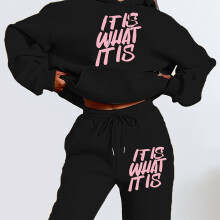 (Black, 18) Women's Hooded Tracksuit Set with Geometric Letter Print, Casual Style, 100% Polyester Knit Fabric