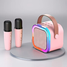 (Pink, Dual Microphone) A Mini Portable Karaoke Speaker System with One Or Two Wireless Microphones, Featuring LED Disco Lights