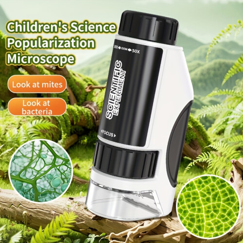 (Black And White) Portable Handheld Mini Microscope with LED Light - 50X-300X Zoom, Durable ABS Material
