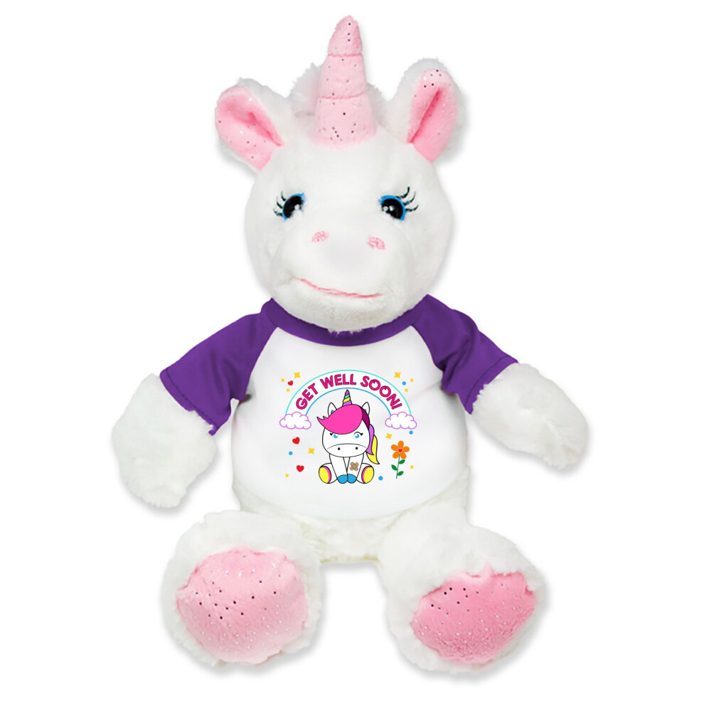 Flutter Hut T-shirt en peluche licorne avec message de bon r   tablissement et paillettes roses, manches violettes, 20,3 cm