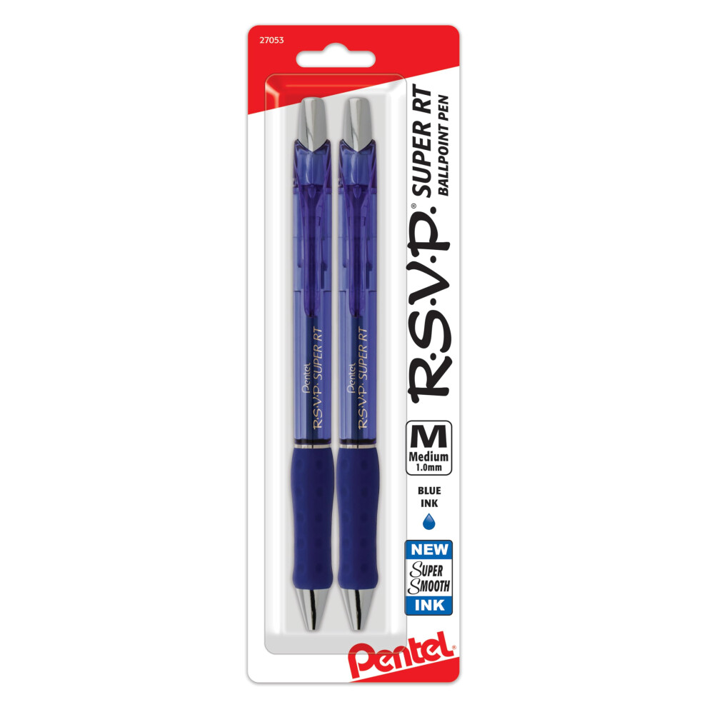 Pentel Rsvp Super Rt Ballpoint Pen 1.0Mm Medium Line Blue Ink 2-Pk - Bx480bp2c