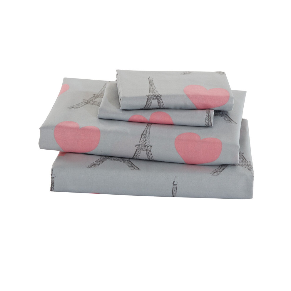 Parure de lit en lin pour filles et adolescentes Paris Tour Eiffel Coeurs Gris Rose Drap plat Drap-housse et taie d'oreiller Taille double Neuf