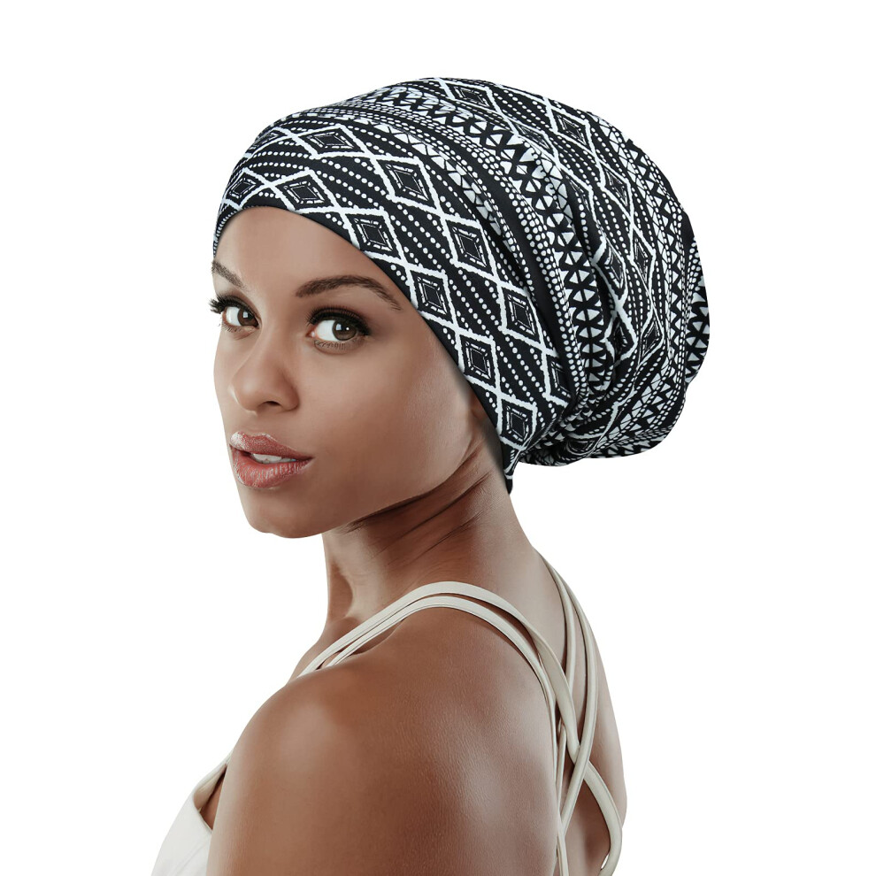 Bonnet de nuit pour femme avec doublure en satin pour cheveux gras, bonnet en soie moyenne, bleu marine et blanc