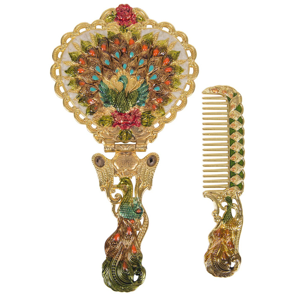 Nerien Antique Mirror Comb Set Vintage Metal Embossed Rose Handheld Mirror Peacock Heart-Shaped Makeup Mirror Decorative Tabletop Stand Cosm