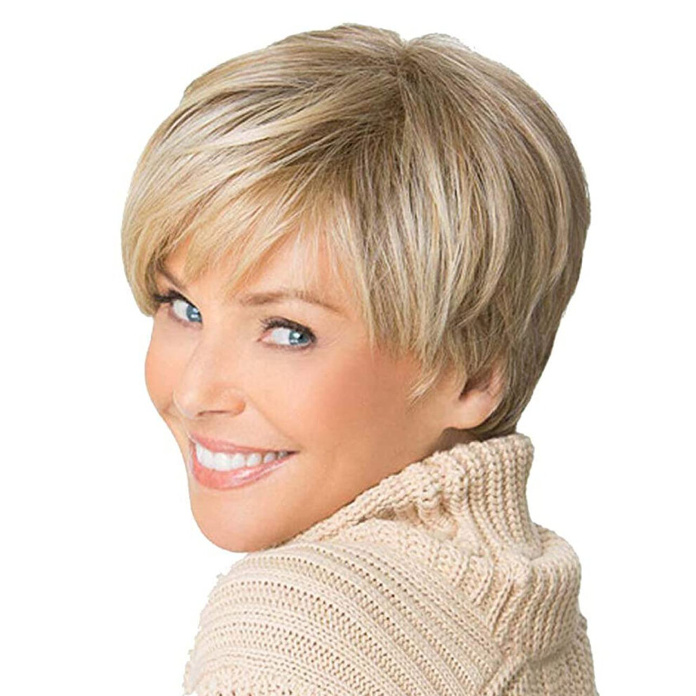 Royalfirst Short Blonde Wig with Bangs Pixie Cut Layered Wigs for Wome