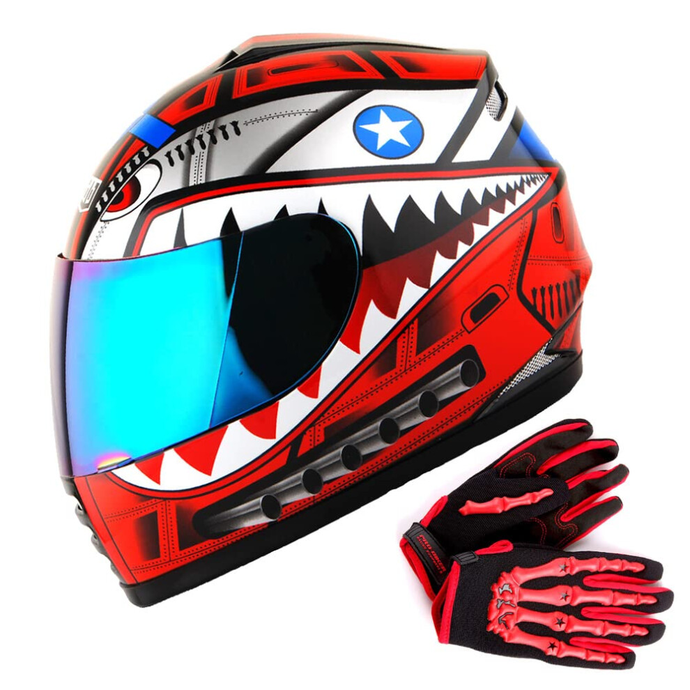 Wow Youth Motorcycle Full Face Helmet Street Bike Bmx Mx Kids Shark Red + Mx Szkieletowy Pakiet Rekawiczka-image