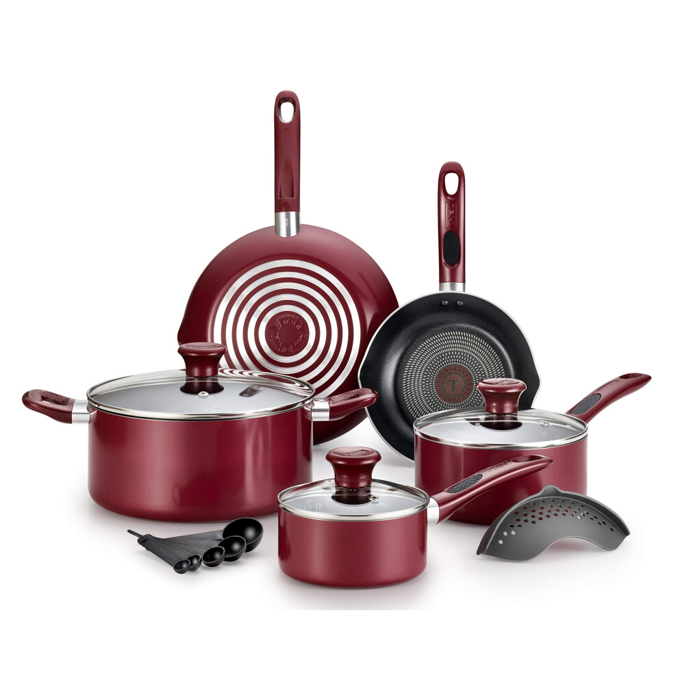 T-fal Excite ProGlide Nonstick Thermo-Spot Heat Indicator Dishwasher Oven Safe Cookware Set 14-Piece Red