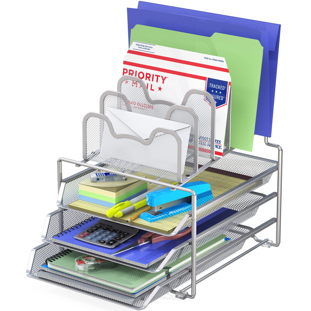 Bureau Simple Houseware 3 plateaux coulissants et 5 compartiments empilables Argent