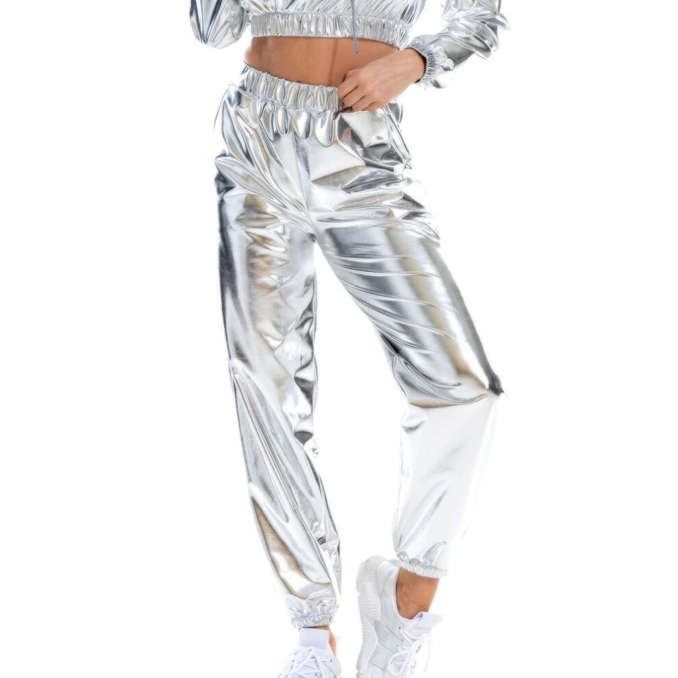 (silver, M) Women&apos;s Shiny Trousers Elastic Sports Trousers Loose Leisure Casual Long Trousers Sweatpants Jogging Bottoms Stretch Leggings Party Disco Clubwea