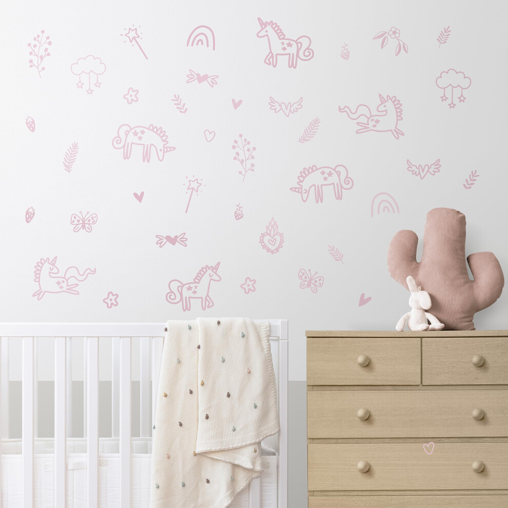Autocollant mural en vinyle avec licornes et arcs-en-ciel roses, 40 pi   ces. D   coration de chambre d'enfant Ori