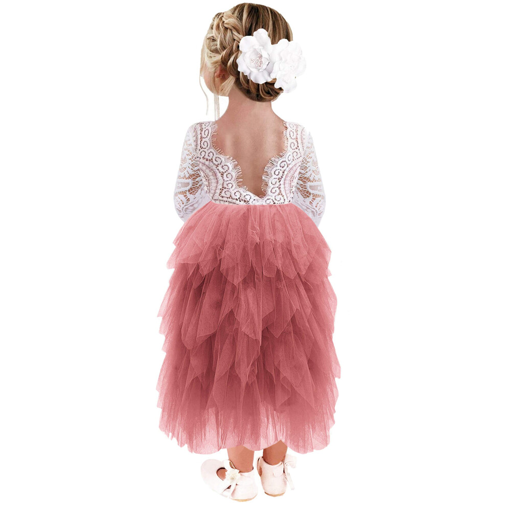 Robe de demoiselle d'honneur en tulle     volants et dos en dentelle avec motif pivoine de 2Bunnies Girl (longue robe     manches rose poudr   , 5)