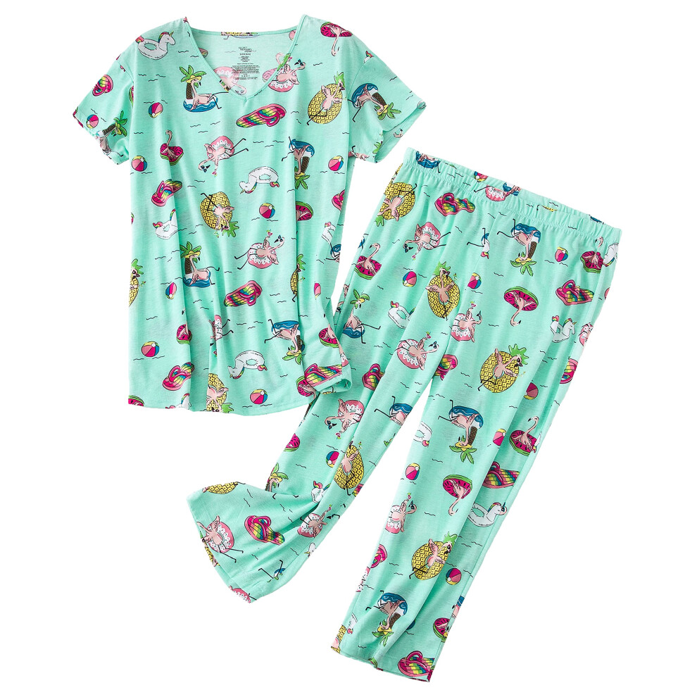 Ensemble pyjama pour femmes PNAEONg - haut ample     manches courtes en m   lange de coton avec bas capri assorti SY296-Beach-2XL XX-Large